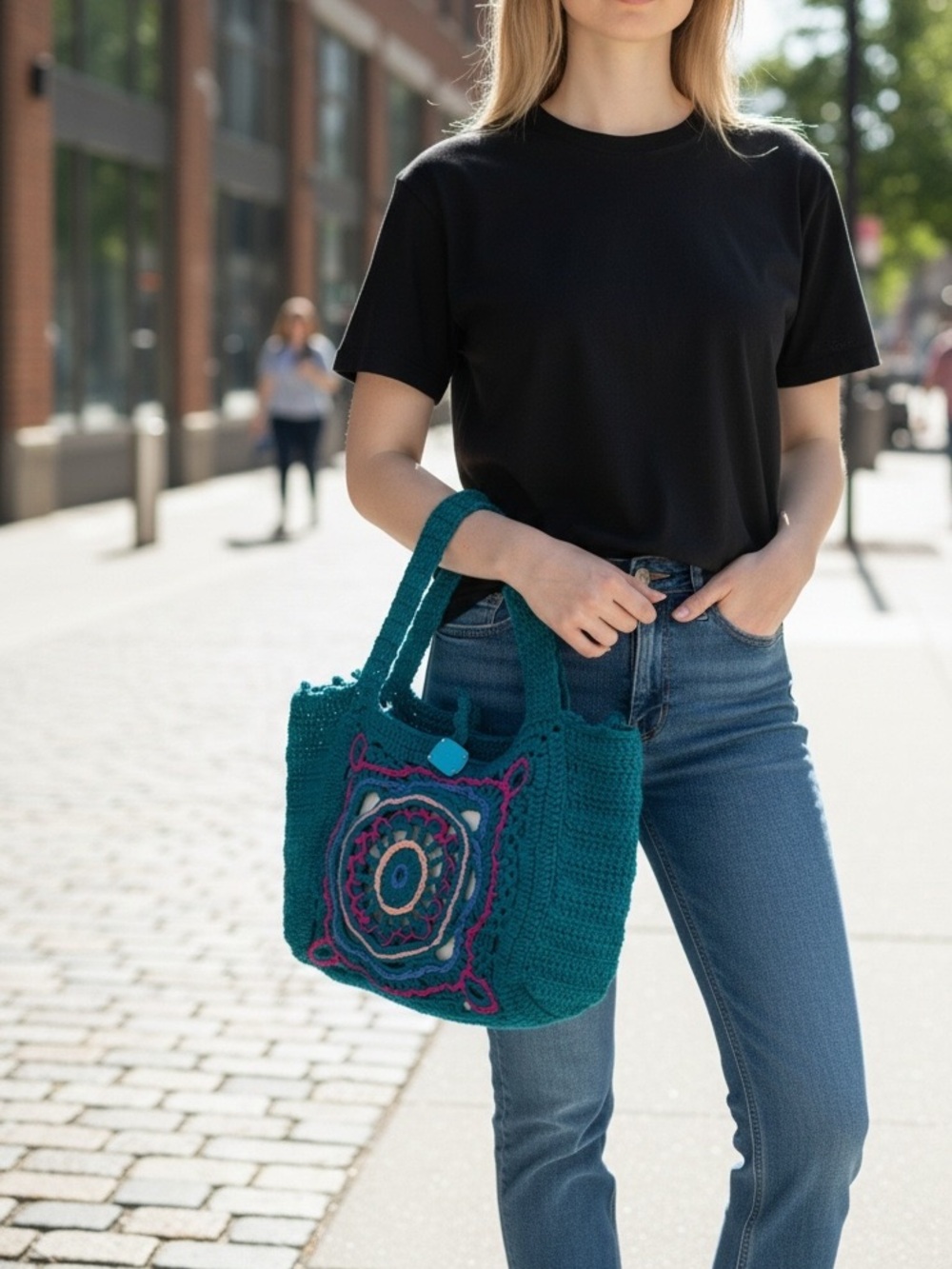 Teal Crochet Tote Bag with Embroidered Pattern with dividers inside